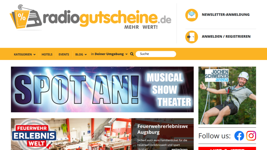Radio Gutscheine website with navigation, search bar, and promotional banners for musical show and Feuerwehr Erlebniswelt