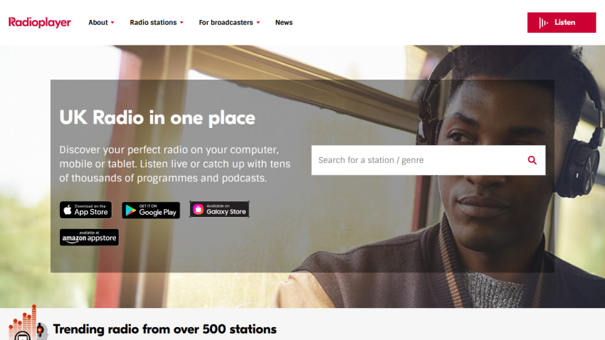 UK Radio in one place with search bar and app download options on Radioplayer website.