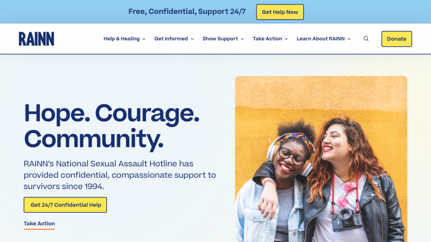 RAINN's homepage featuring support information and a call to action for help.