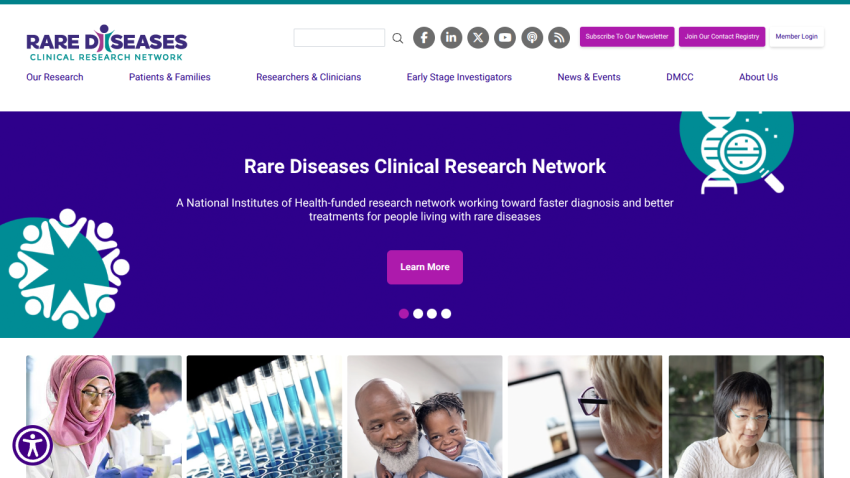Rare Diseases Clinical Research Network homepage with navigation, research focus, and images of diverse people and lab work