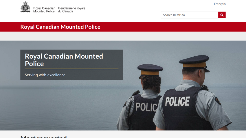 Royal Canadian Mounted Police homepage with officers in uniform and slogan 'Serving with excellence'