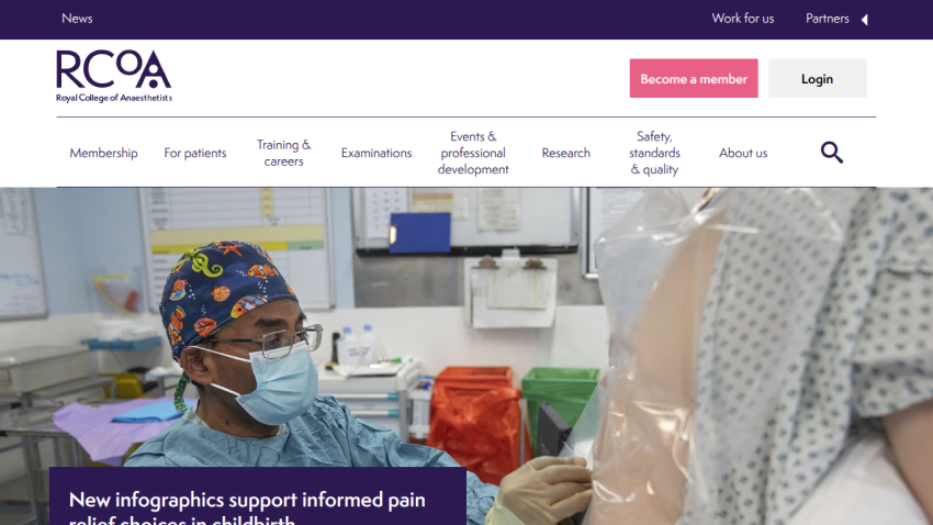 Healthcare professionals in surgical attire in a medical setting with navigation menu and membership options