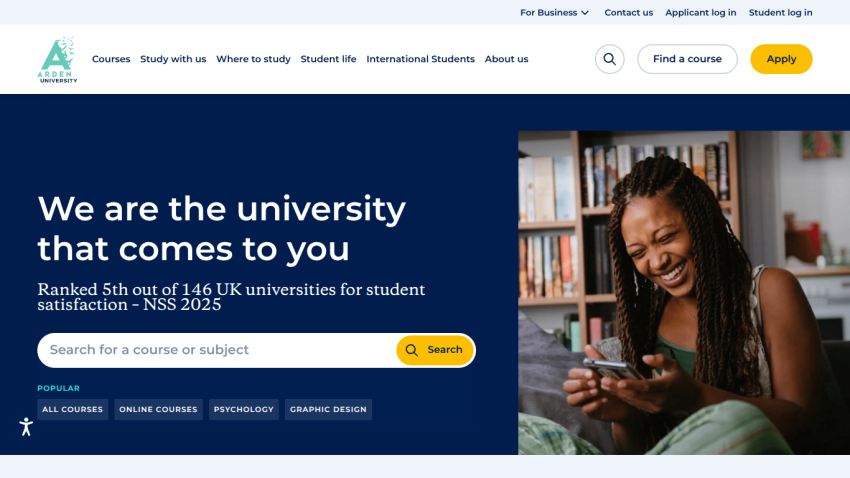 University homepage with headline about student satisfaction, search bar for courses, and image of a smiling woman using a phone