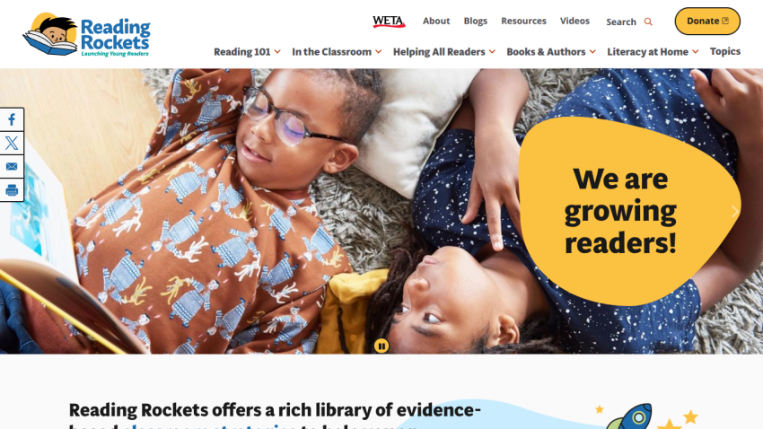 Reading Rockets promotes reading with children, featuring engaging visuals and key messaging.