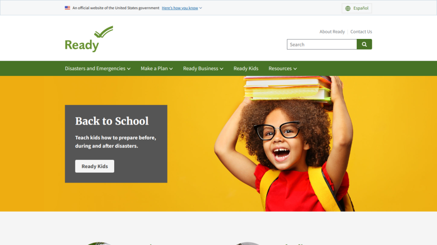 Website promoting back-to-school resources with a smiling child holding books.