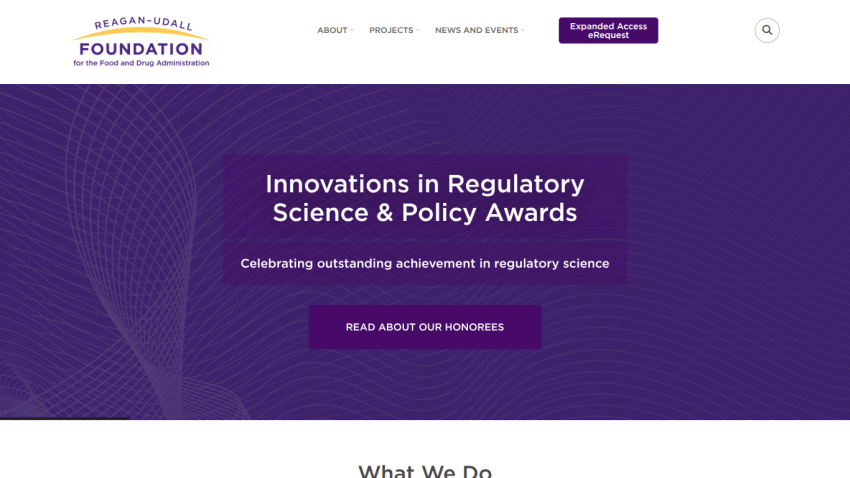 Reagan-Udall Foundation website header with navigation and a purple patterned hero section