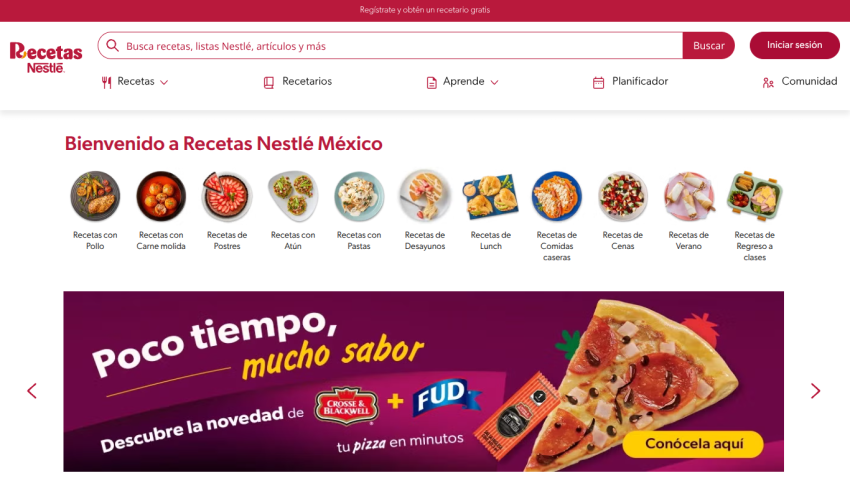 Welcome message for Recetas Nestlé México with recipe categories and promotional banner.