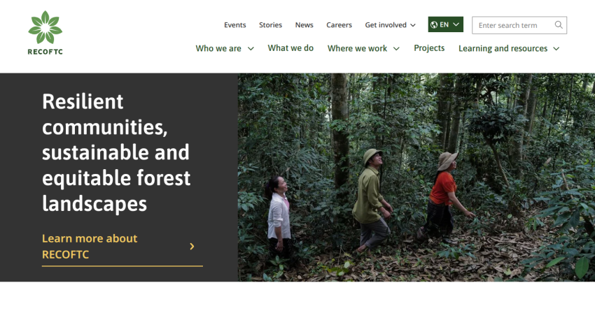 RECOFTC website header with navigation and hero section promoting resilient communities and sustainable forest landscapes
