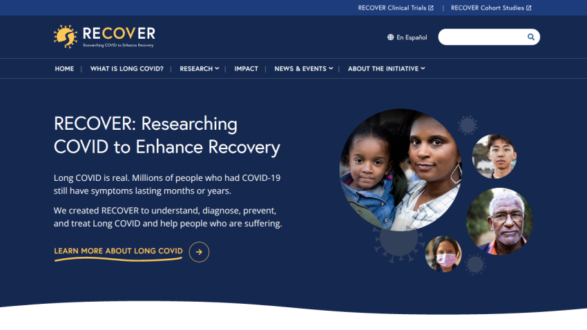 RECOVER initiative homepage explaining research on Long COVID and its impact with images of diverse people