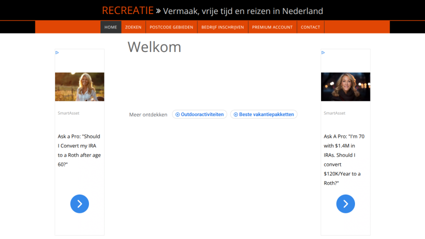 Website header with navigation and welcome text, featuring an image of a man working on a roof outdoors