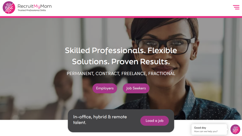 RecruitMyMom homepage with headline about skilled professionals and flexible solutions, buttons for Employers and Job Seekers