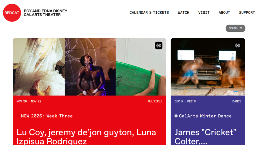 RED CAT theater homepage showing upcoming events including NOW 2025 Week Three and CalArts Winter Dance with dates and categories