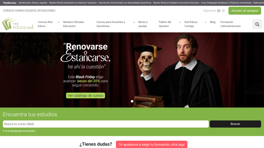 Educational website offering courses with a Black Friday 20% scholarship promotion and course catalog search