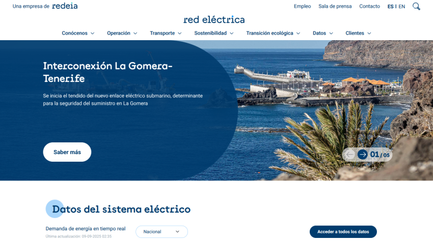 Homepage of Red Eléctrica featuring interconnection project with a scenic coastal view.