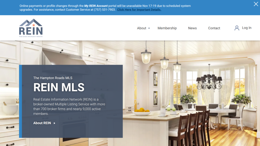 REIN MLS homepage with navigation and a bright kitchen image, describing the broker-owned Multiple Listing Service