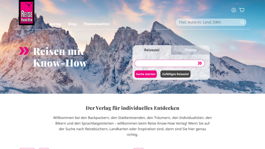 Travel publisher homepage with mountain background, search for travel destinations or themes, and welcome text for travelers