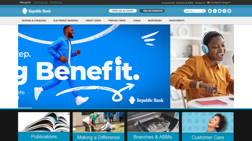 Republic Bank homepage with navigation menu, account options, and a smiling woman using a laptop in the hero section