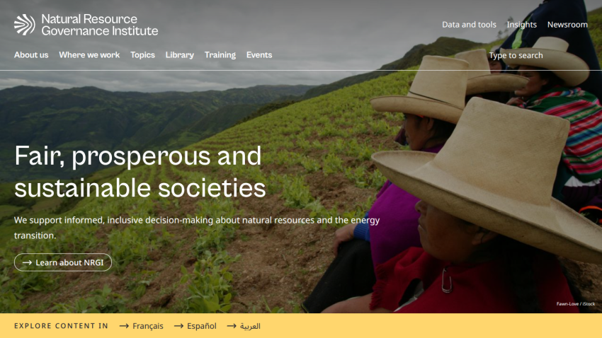 Natural Resource Governance Institute homepage with navigation and headline about fair, prosperous, and sustainable societies