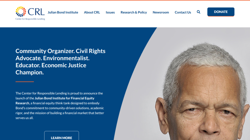 Center for Responsible Lending homepage highlighting the launch of the Julian Bond Institute for Financial Equity Research with a call to learn more