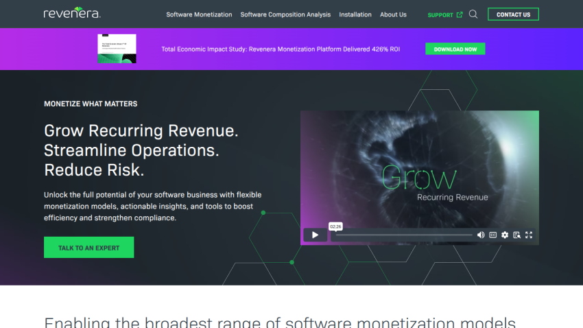 Homepage showcasing software monetization solutions with a prominent video and call to action.