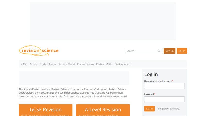 Revision Science homepage offering free GCSE and A Level science revision resources with login form and navigation menu