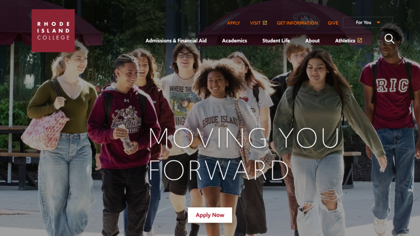 Homepage of a college featuring students walking with the text 'MOVING YOU FORWARD' and an 'Apply Now' button.