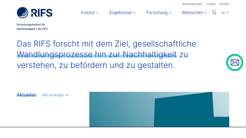RIFS research institute homepage with navigation and mission statement on sustainability transformation processes