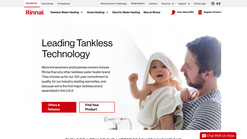 Rinnai tankless water heaters homepage with headline, subtext, call-to-action buttons, and image of father and child