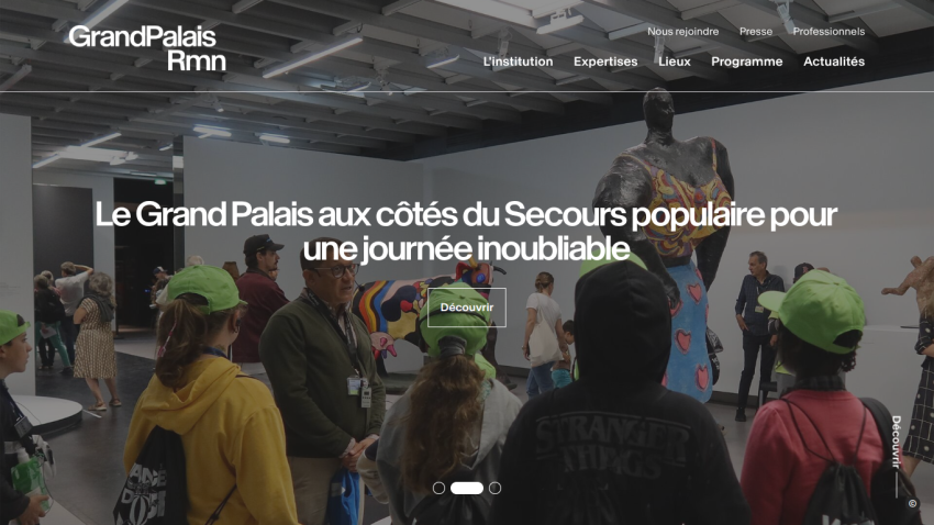 Grand Palais Rmn website with exhibition highlights and navigation menu in French.