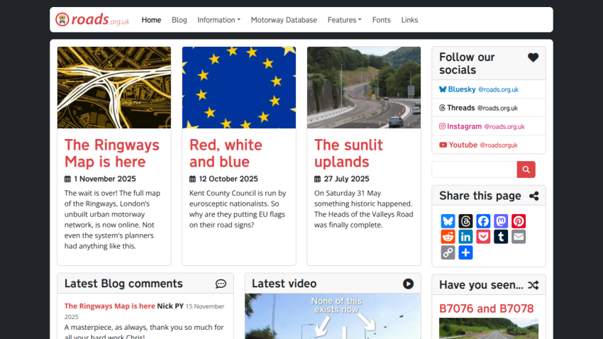 Roads.org.uk homepage with latest articles on Ringways Map, EU flags on road signs, and Heads of the Valleys Road completion