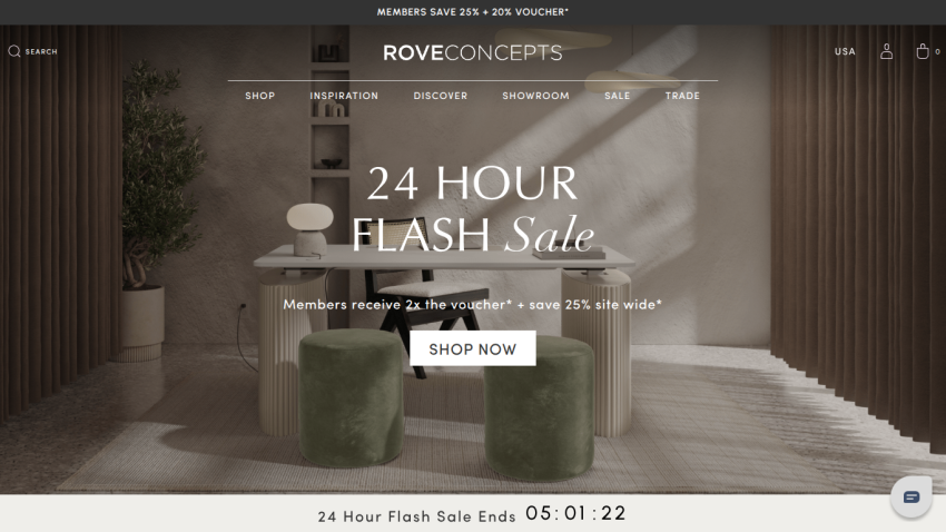 Homepage featuring a 24-hour flash sale with a prominent 'Shop Now' button.