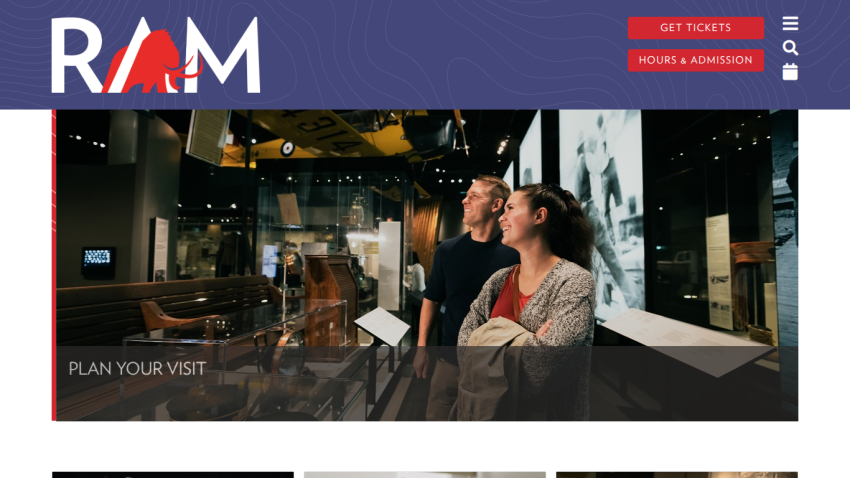 Museum homepage with navigation, logo, and visitors viewing exhibits under a vintage airplane