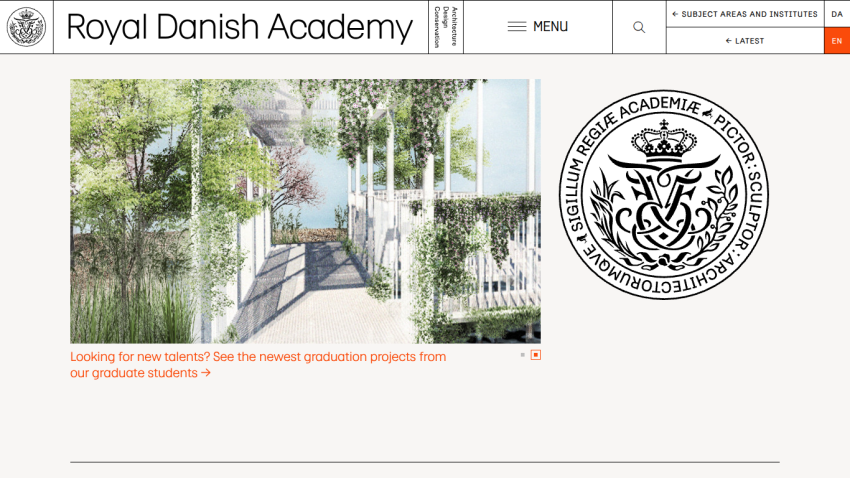Royal Danish Academy website header with navigation and a hero image promoting graduate student projects