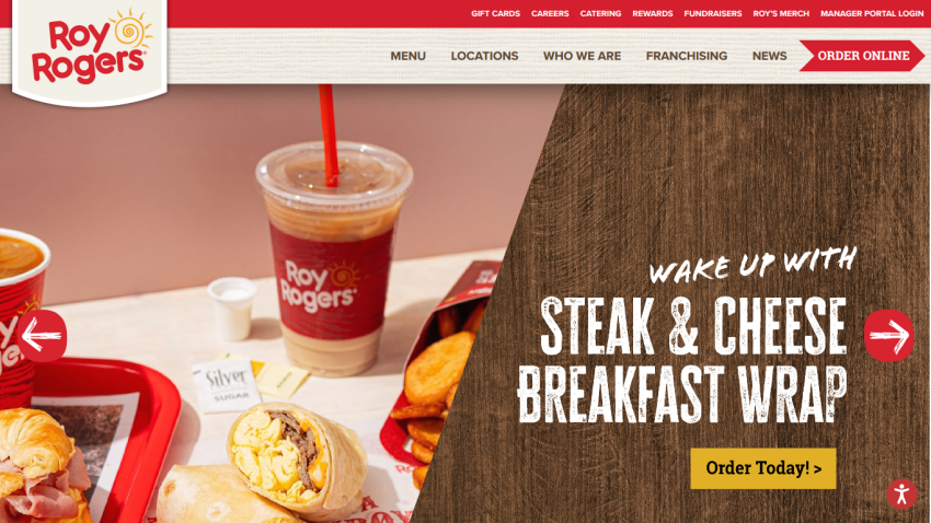 Roy Rogers website header with navigation and promotion for steak & cheese breakfast wrap with order button