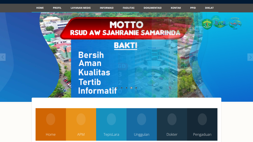 Hospital website with motto 'Bakti' and qualities listed: Bersih, Aman, Kualitas, Tertib, Informatif