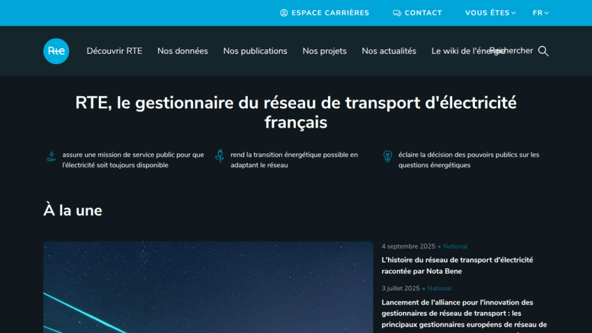 RTE website showcasing French electricity transport management with key news highlights.