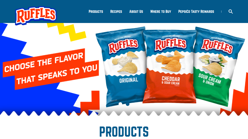 Ruffles website header with navigation and hero section showcasing Original, Cheddar & Sour Cream, and Sour Cream & Onion chip flavors with slogan.