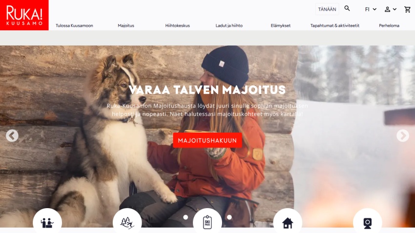 Winter accommodation booking section with a woman and dog in snowy setting, navigation menu above