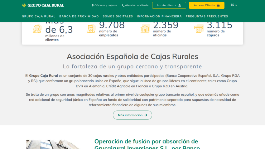 Homepage of Asociación Española de Cajas Rurales with key statistics and mission statement.
