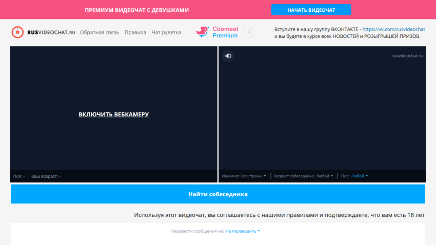 Premium Russian video chat site with webcam activation and options to find a chat partner by country, age, and gender