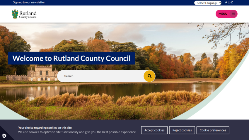 Rutland County Council homepage with autumn landscape background, welcome message, and search bar