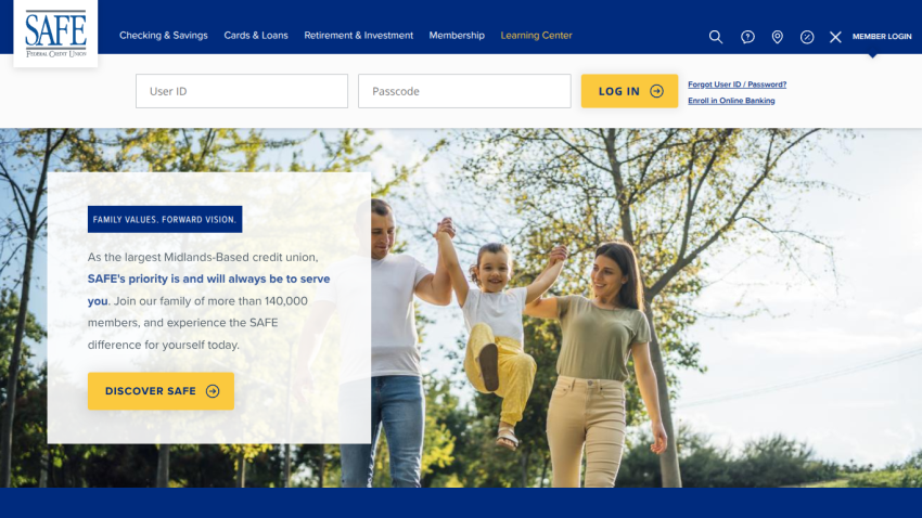 SAFE Federal Credit Union homepage with login form and family values message over a family walking outdoors