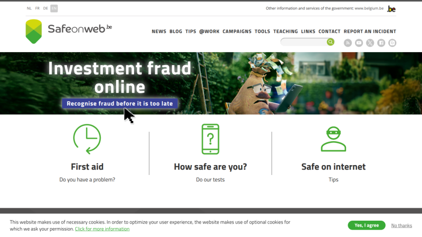 Safeonweb homepage highlighting investment fraud online with sections on first aid, safety, and internet security