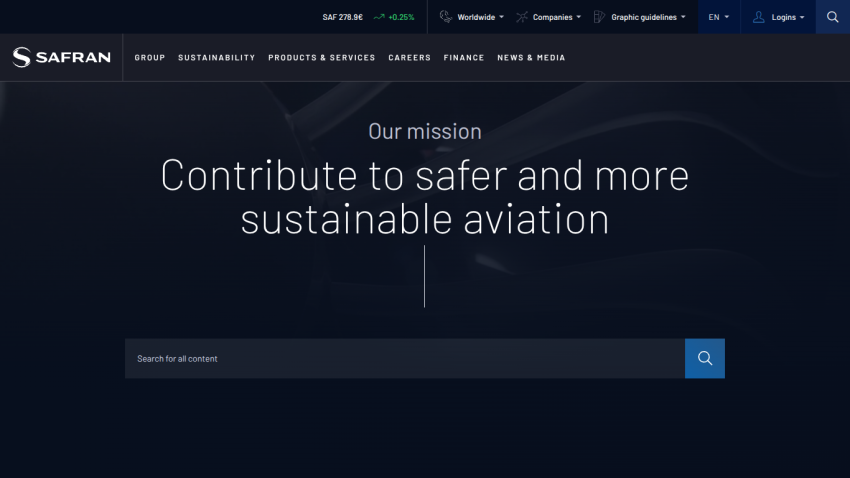 Mission statement about safer and sustainable aviation with a search bar.