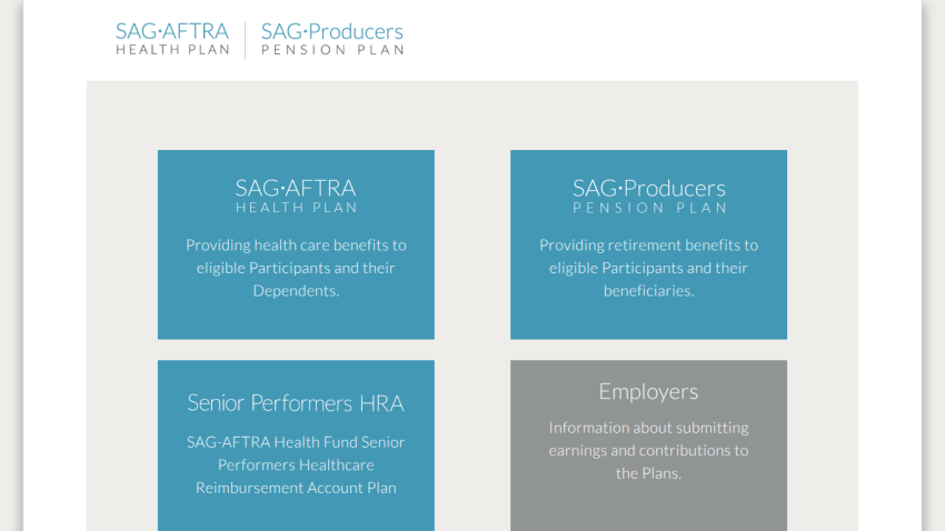 SAG-AFTRA Health Plan and SAG-Producers Pension Plan overview with sections for health benefits, retirement benefits, senior performers HRA, and employer info.