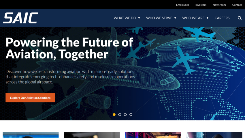 Homepage of SAIC showcasing aviation solutions with a prominent call-to-action button.
