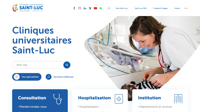 Homepage of Cliniques universitaires Saint-Luc with search bar, consultation, hospitalization, and institution options, and image of doctor with baby