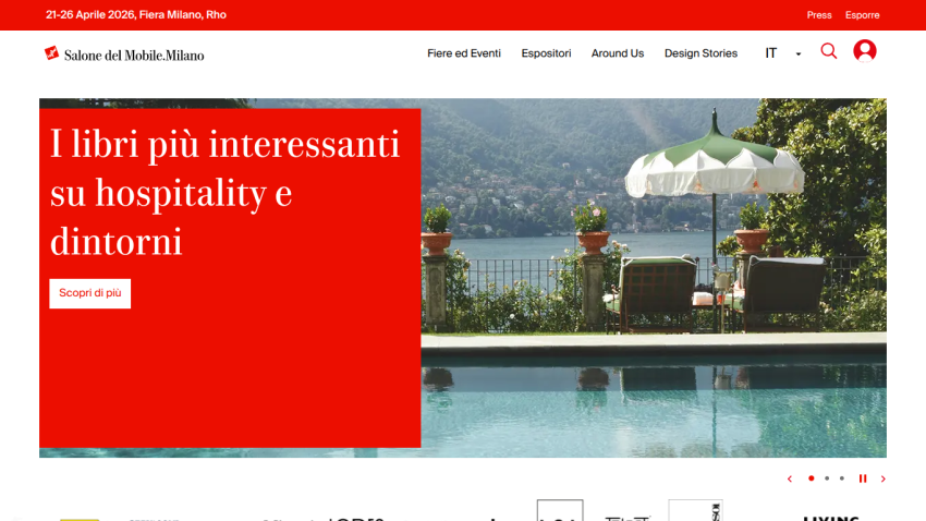Homepage featuring books on hospitality with a scenic view and a call-to-action button.
