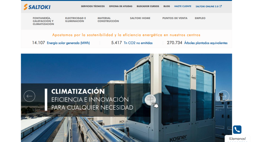 Saltoki website showing technical services navigation and a hero section about climatization efficiency and innovation