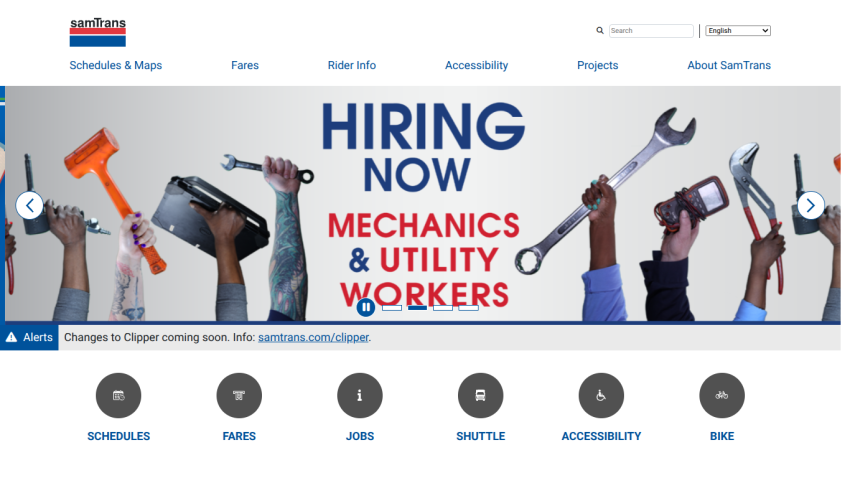 SamTrans website with navigation links, a hiring announcement for mechanics and utility workers, and quick access icons for schedules, fares, jobs, shuttle, accessibility, and bike info
